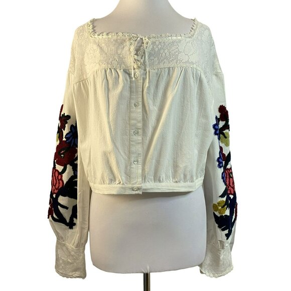 Free People Meadows Embroidered Peasant Top Artsy Hippie Boho Cropped Sz M NEW - Picture 1 of 12